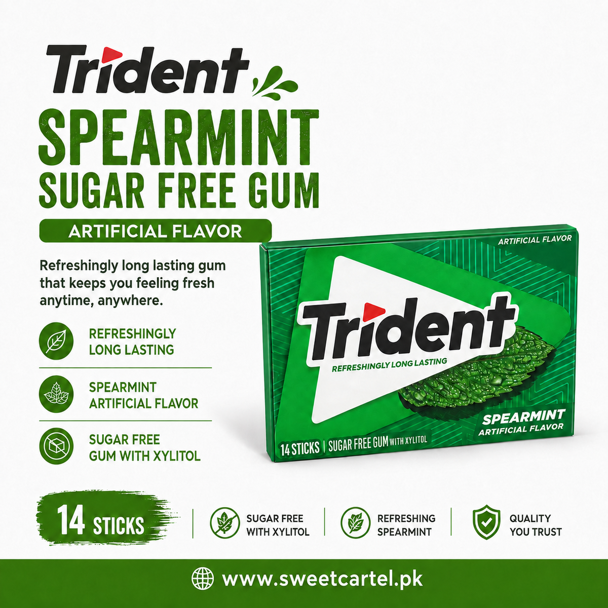Trident Spearmint Sugar Free Gum (14 Sticks)