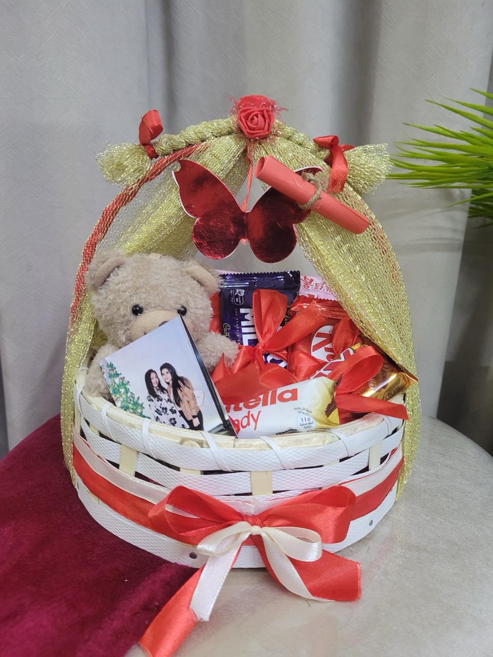 Teddy and Treats Celebration Basket in red and gold